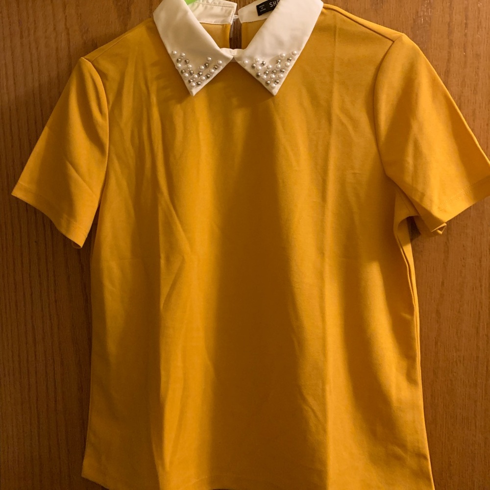 Collard blouse from shein! Size small, mustard color, and beeding on the collar!